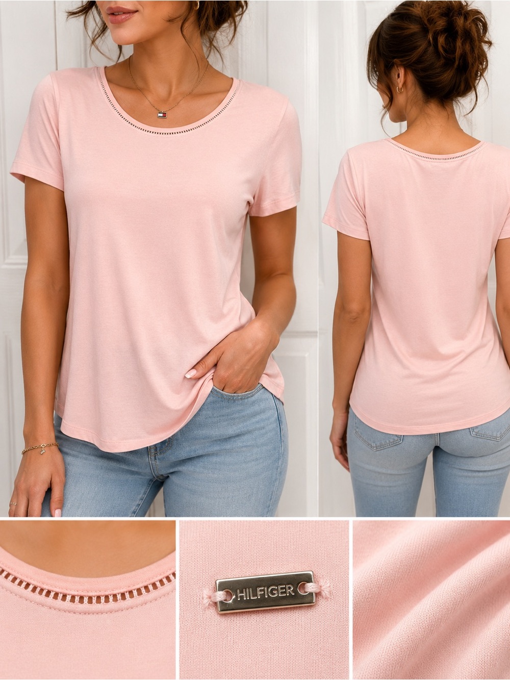 Tommy Hilfiger Blush Pink Ladder Trim Stretch Knit Top S Soft Rayon Tee